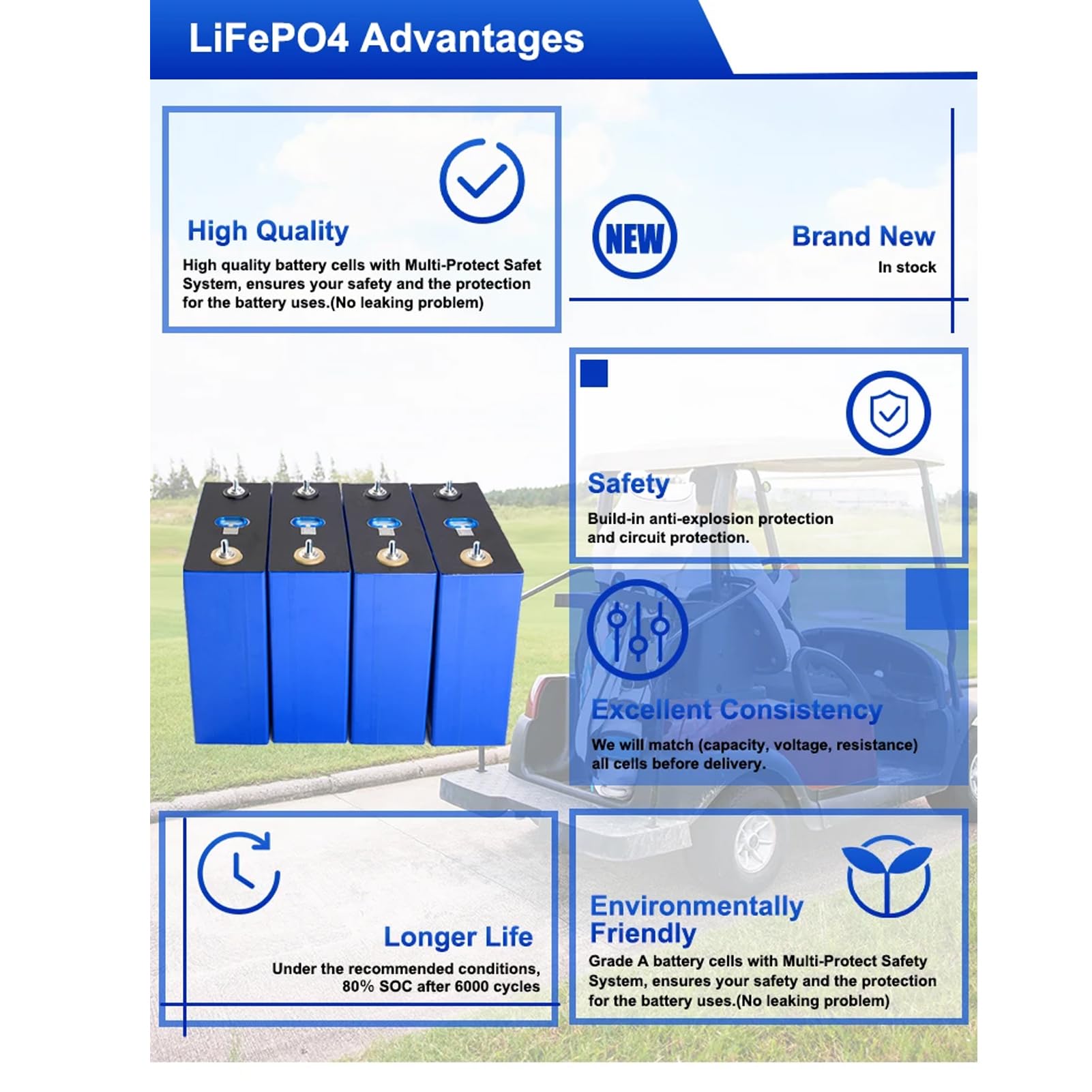 Genérico 3.2V 280Ah Lifepo4 Battery Grade A Lithium Iron Phosphate Battery Pack DIY Cell For 12V 24V RV EV Golf Carts Solar Energy