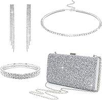 Gvhntk 4-Pc Silver Rhinestone Jewelry Set with Evening Clutch Bag - Necklace, Dangle Earrings, Bracelet for Weddings, Proms, Engagements