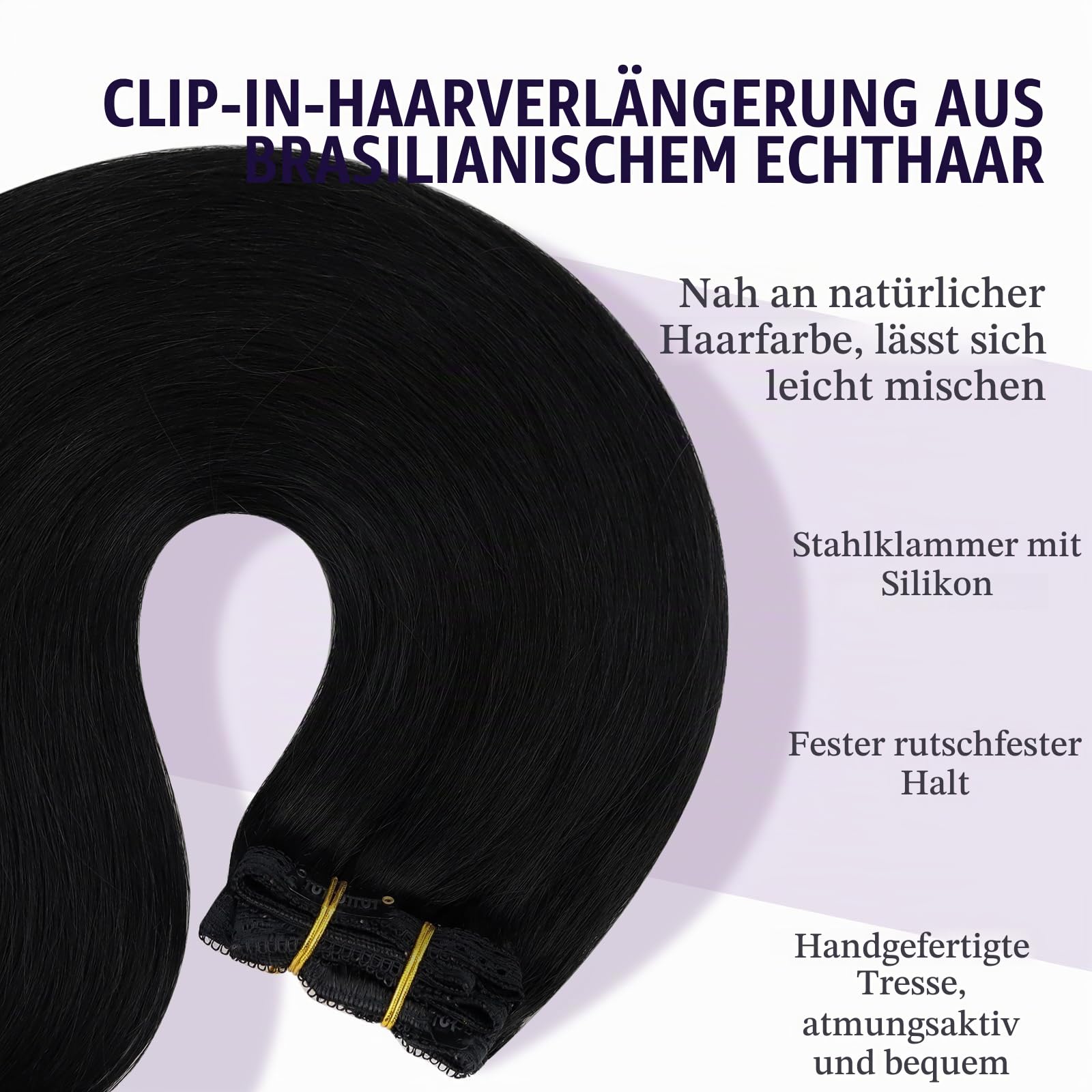 Clip in Extensions Echthaar Tiefschwarz, 7 Stücke 120 g, 60 cm, natürlich, schonend für Eigenhaar, Echthaar Extensions Clip, Farbe 1