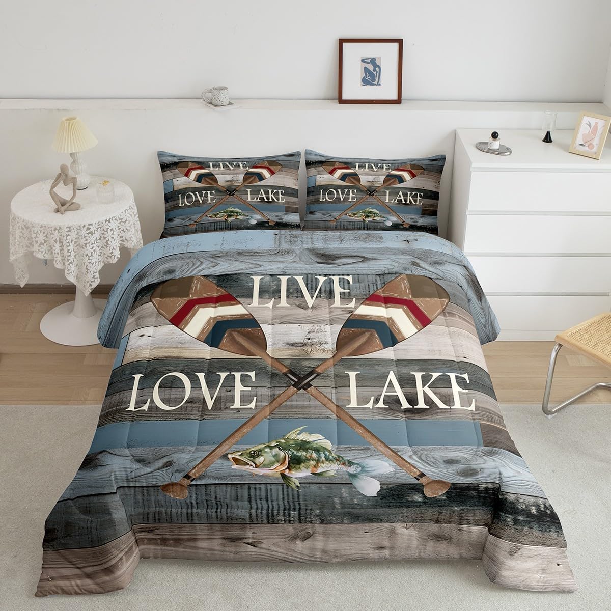 Erosebridal Lake Life Comforter Set Queen Lake Paddle Pike Fish Bedding Set,Boat Blade Oar Quilt Retro Lake Cabin Decor,Country Grey Wood Board Lake House Decor for The Home Rustic Farmhouse Decor