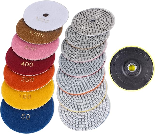 BAYTORY 8pcs Diamond Polishing Pads Set, 4 inch 50-3000 Grit Pads and M14 Loop Backer, Wet/Dry Marble Buffing Polisher Grinder Kit for Concrete Quartz Countertop Granite Stone Floor