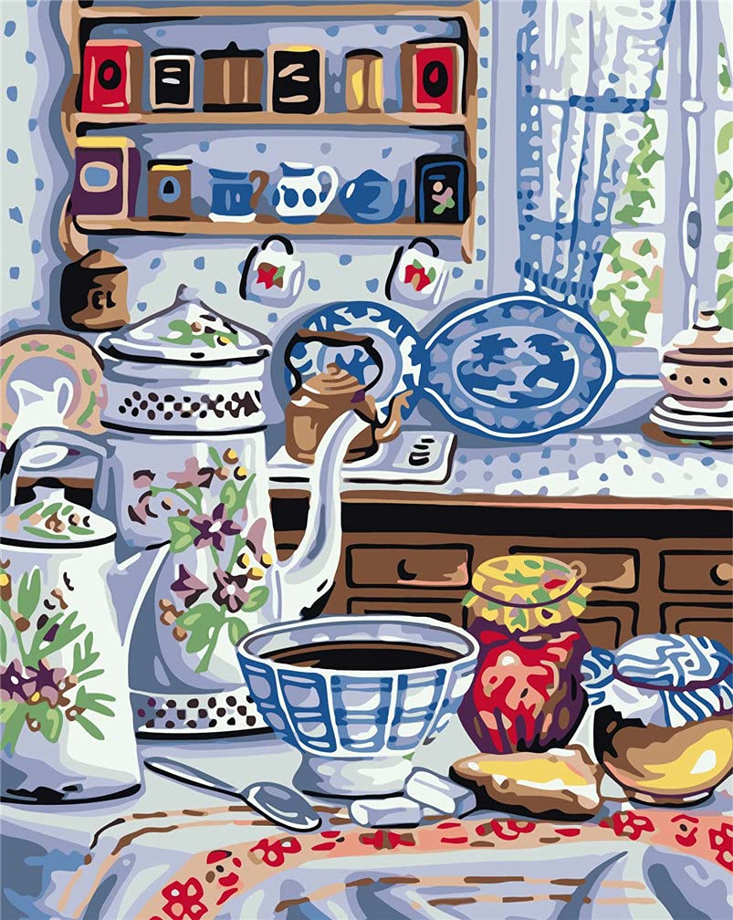 Amiiba DIY Paint by Numbers Kits, Kitchen Tableware Teapot Wine Jars 16x20 inch Acrylic Painting by Number Wall Art Crafts (Tea Set, Without Frame)