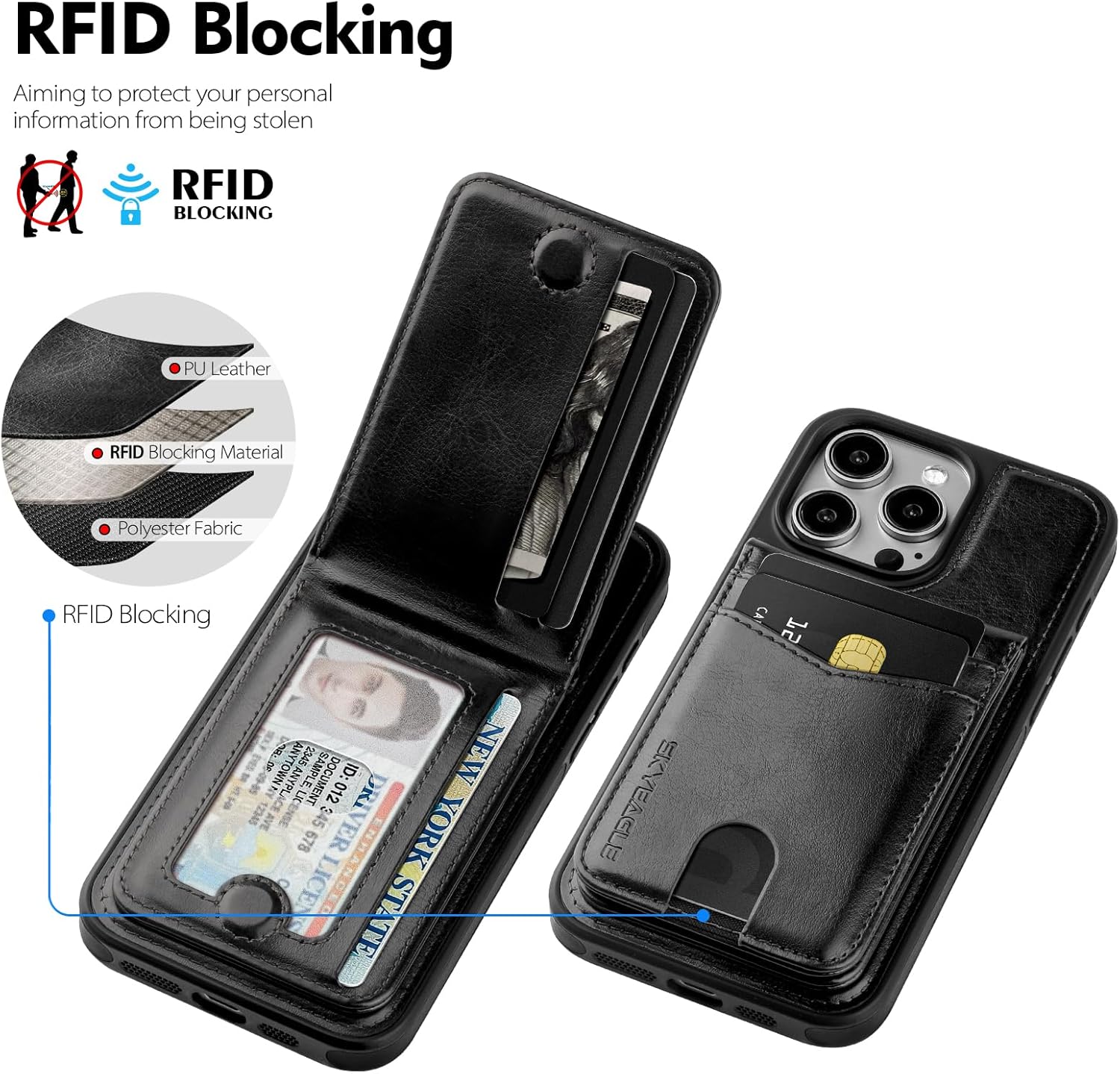 Compatible with Magsafe 2 in 1 Detachable iPhone 16 Pro Wallet Case with Card Holder Women Men,Magnetic PU Leather RFID Blocking Flip Kickstand Credit Slots,for Apple 16 Pro 6.3",Black - Image 3