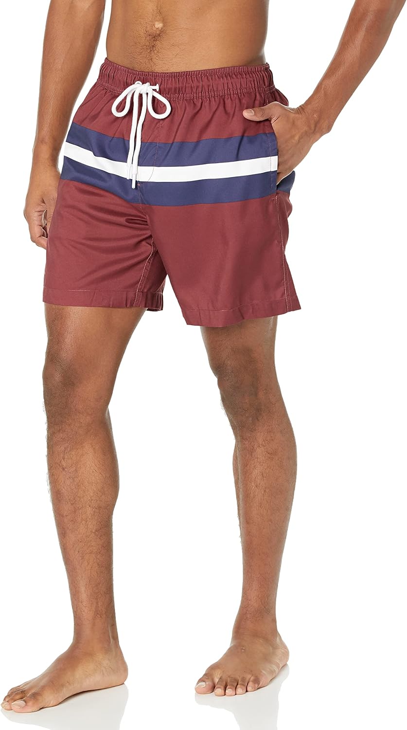 Amazon Essentials Men's 7" Quick-Dry Swim Trunk - Discontinued Colors X-Large Burgundy Navy Stripe