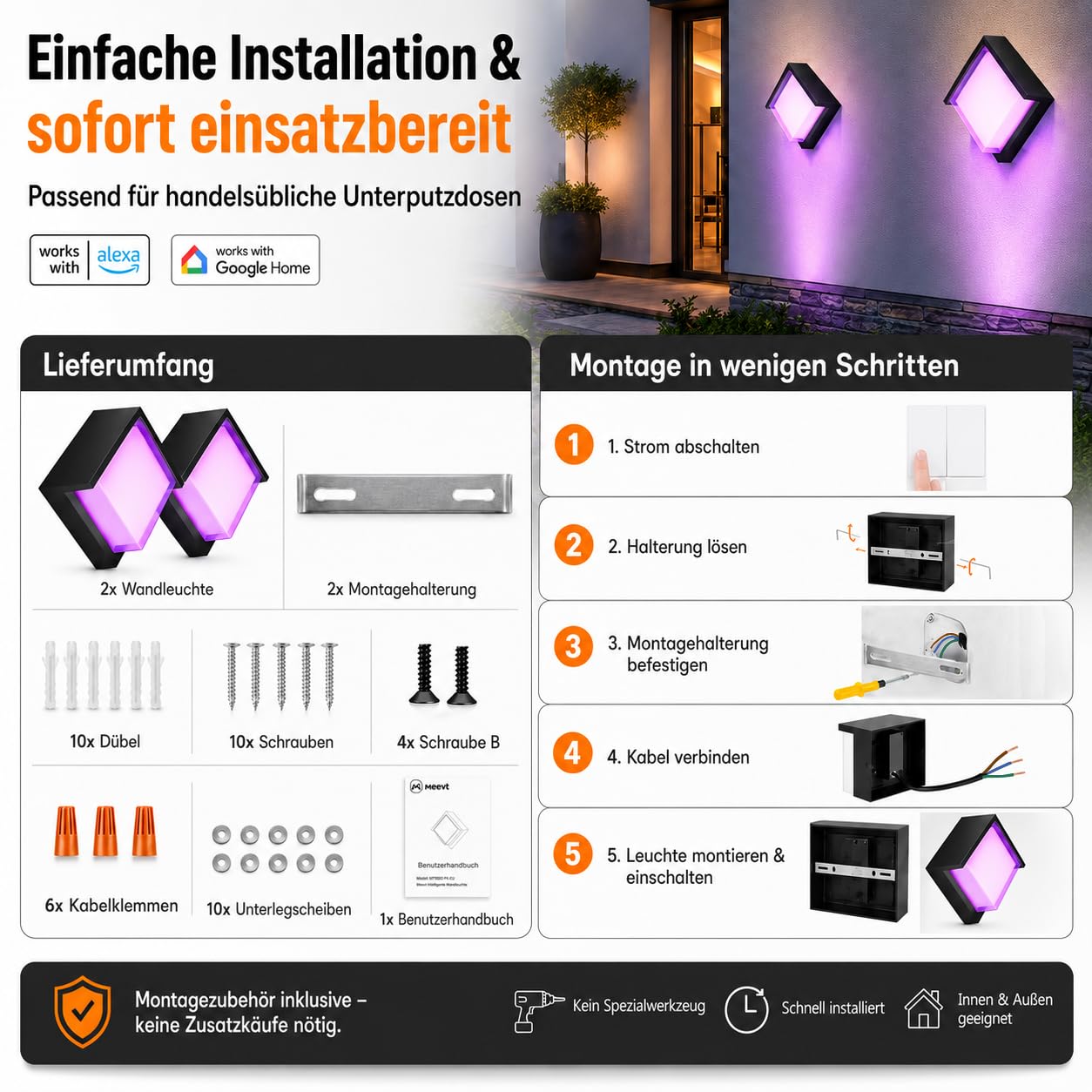 Meevt Aussenlampe Wand Square, RGBCW LED Wandleuchte, Wandlampe 2 Stück | 1200LM, IP65 Wasserdicht, Kompatibel mit Alexa/Google Assistant, Bedienbar per App und Fernbedienung, für Drinnen/Draußen