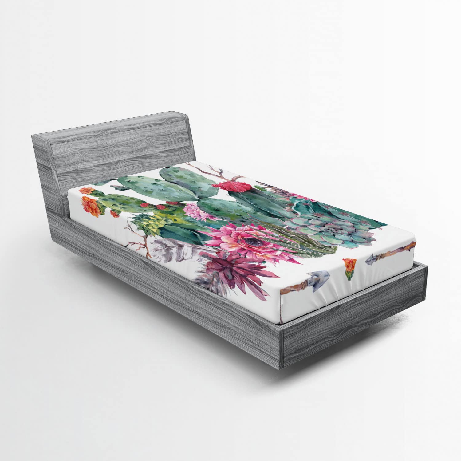 Ambesonne Cactus 2 Pack Fitted Sheet, Bouquet in Boho Style Arrow, Bed Cover All-Round Elastic Deep Pockets 2 Pieces, Package Contains 2 Twin Size Fitted Sheets, Pink Green