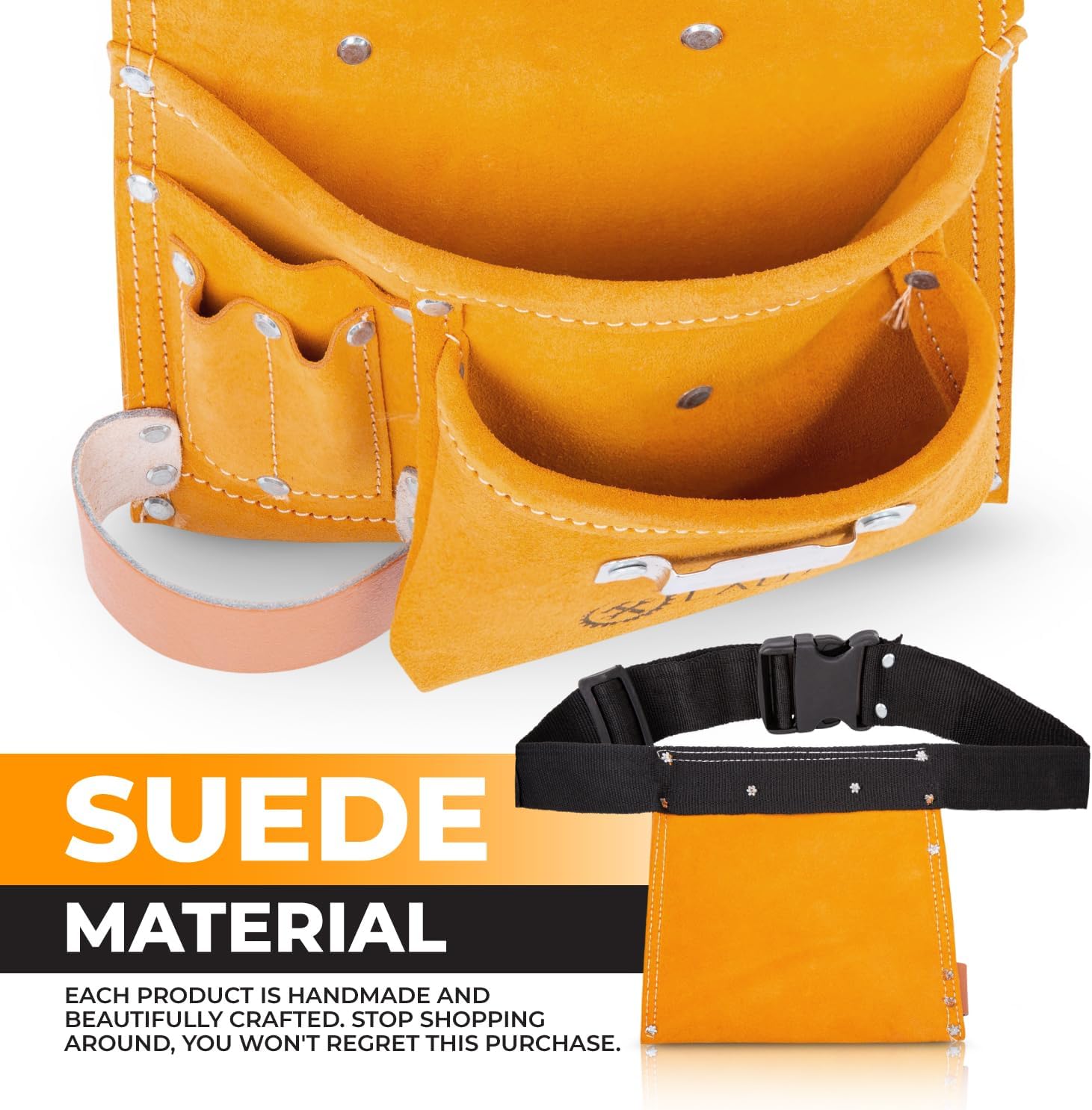 LAUTUS Suede Tool Bag & Adjustable Poly Web Belt | 5 Pockets | Leather Hammer Holder| Tape Measure Holder| Construction Grade|