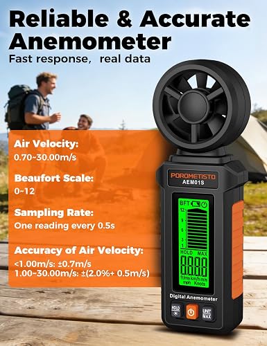 POROMETISTO AEM01S Anémomètre Numérique Portatif - Écran Rétroéclairage Vert & Alarme Tricolore, Boîtier Antidérapant, pour CVC, Voile, Sports Outdoor - piles incluses - 3
