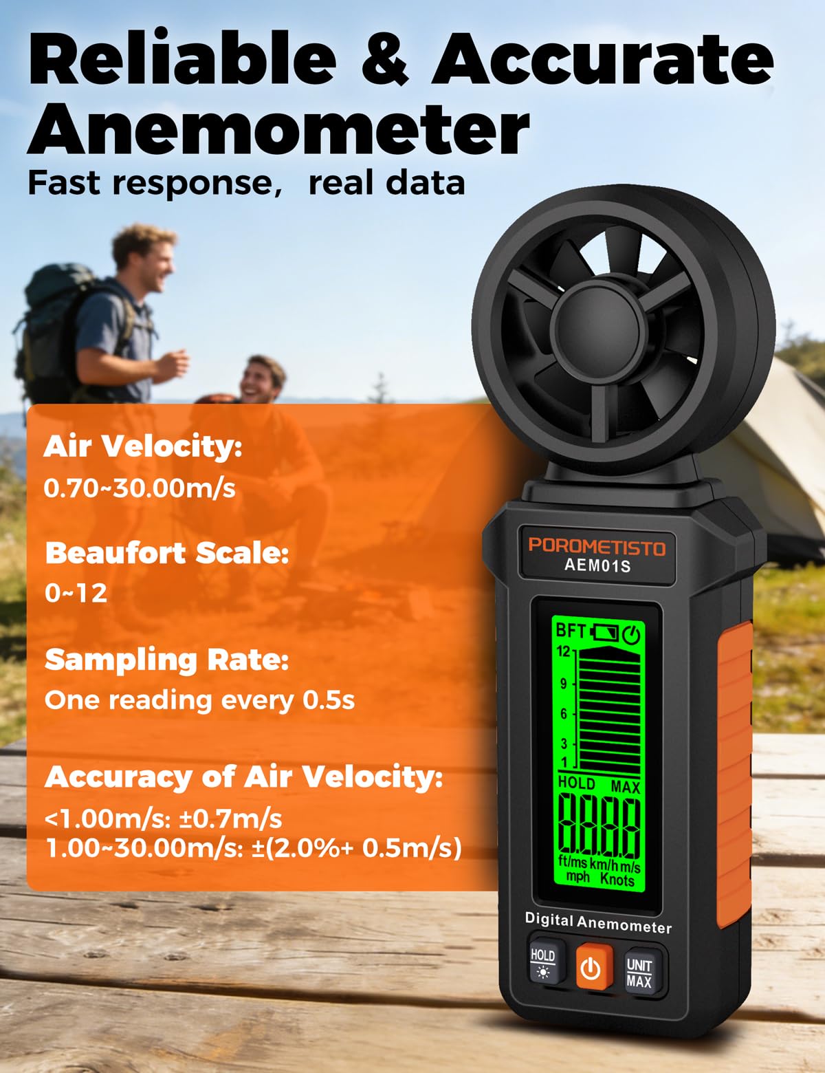Portatile Anemometro POROMETISTO,3 scale di allarme misurazione, Schermo retroilluminato verde, 12 unità di misura,misuratore della velocità del vento