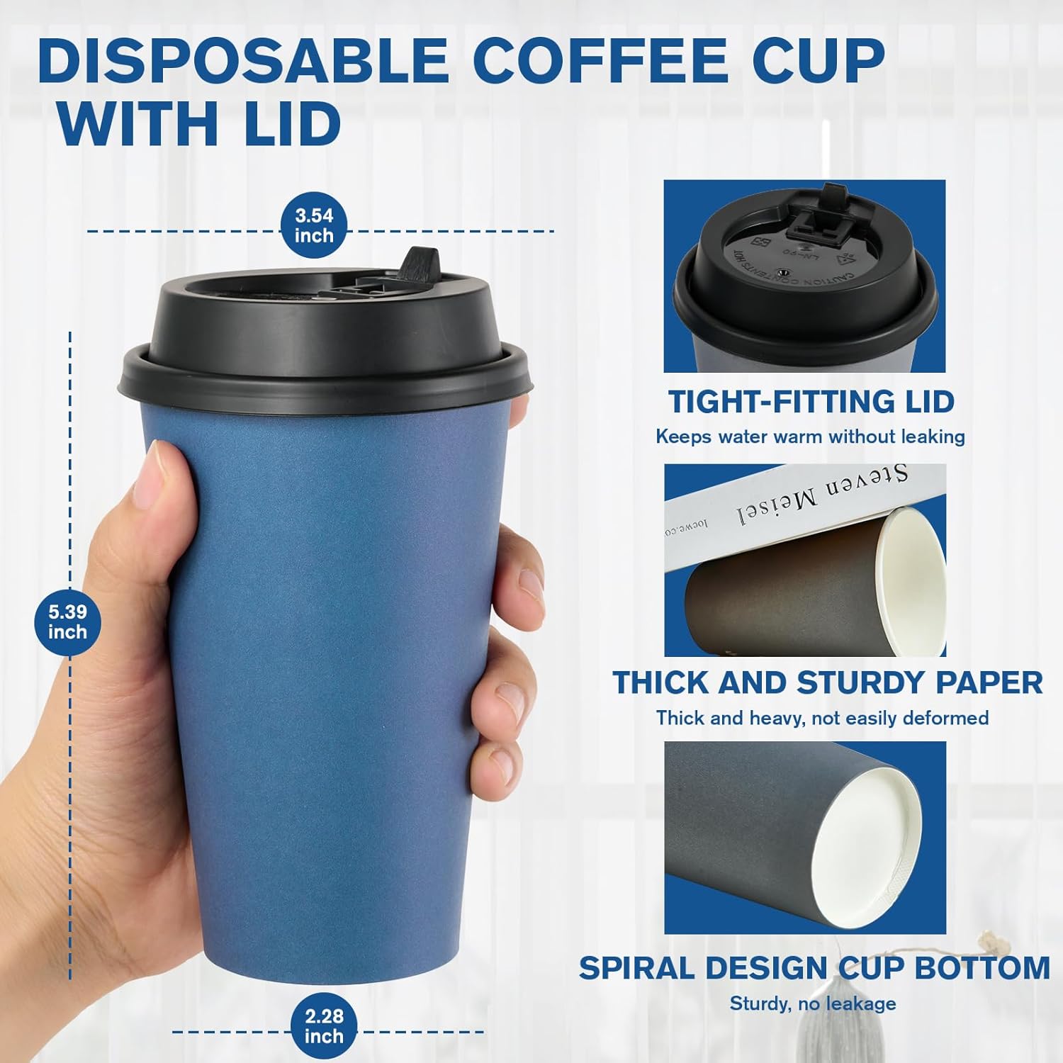LITOPAK 100 Pack 16 oz Disposable Paper Coffee Cups with Lids for Coffee, Water, Juice, or Tea, Blue and Gray Hot Paper Cups for Home, Restaurant, Store, and Cafe