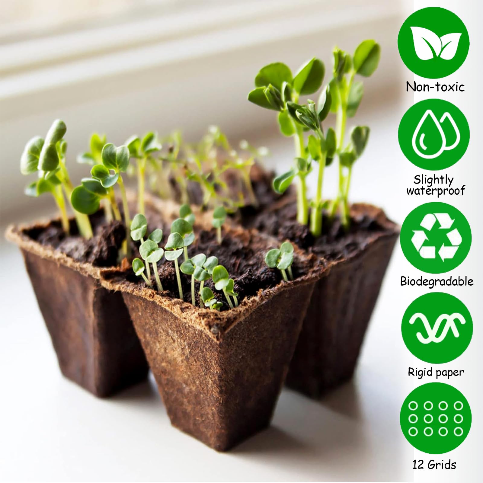 Macetas de Cultivo biodegradables cuadradas,24 Piezas Macetas Biodegradables para Plántulas y Trasplantes con 288 pcs Etiquetas de Plantas de Plástico para jardín, invernaderos o huertos