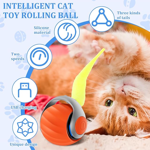 Foto 4 de 8 de BAODBF 2 bolas interactivas para gatos con 3 colas intercambiables, 360° Rolling Cat Toys para gatos