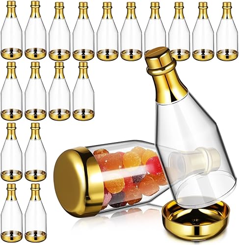 20 botellas pequeñas para botellas de caramelo, botellas transparentes de plástico, recuerdos a granel para ducha, caja de boda, color dorado