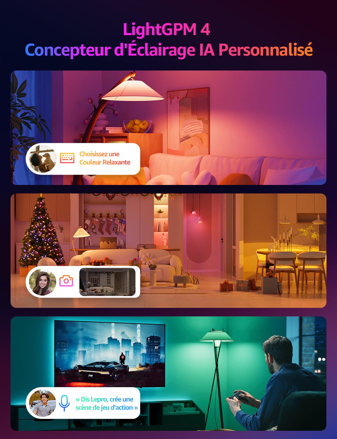 Lepro BP1 IA Ampoule Connectée E14, Concepteur d'Éclairage IA Personnalisé, Compatible avec Alexa et Google Assistant, G45 WiFi et Bluetooth, Multicouleurs RGBCCT, Contrôle Vocal, Music Sync, 4 PCS