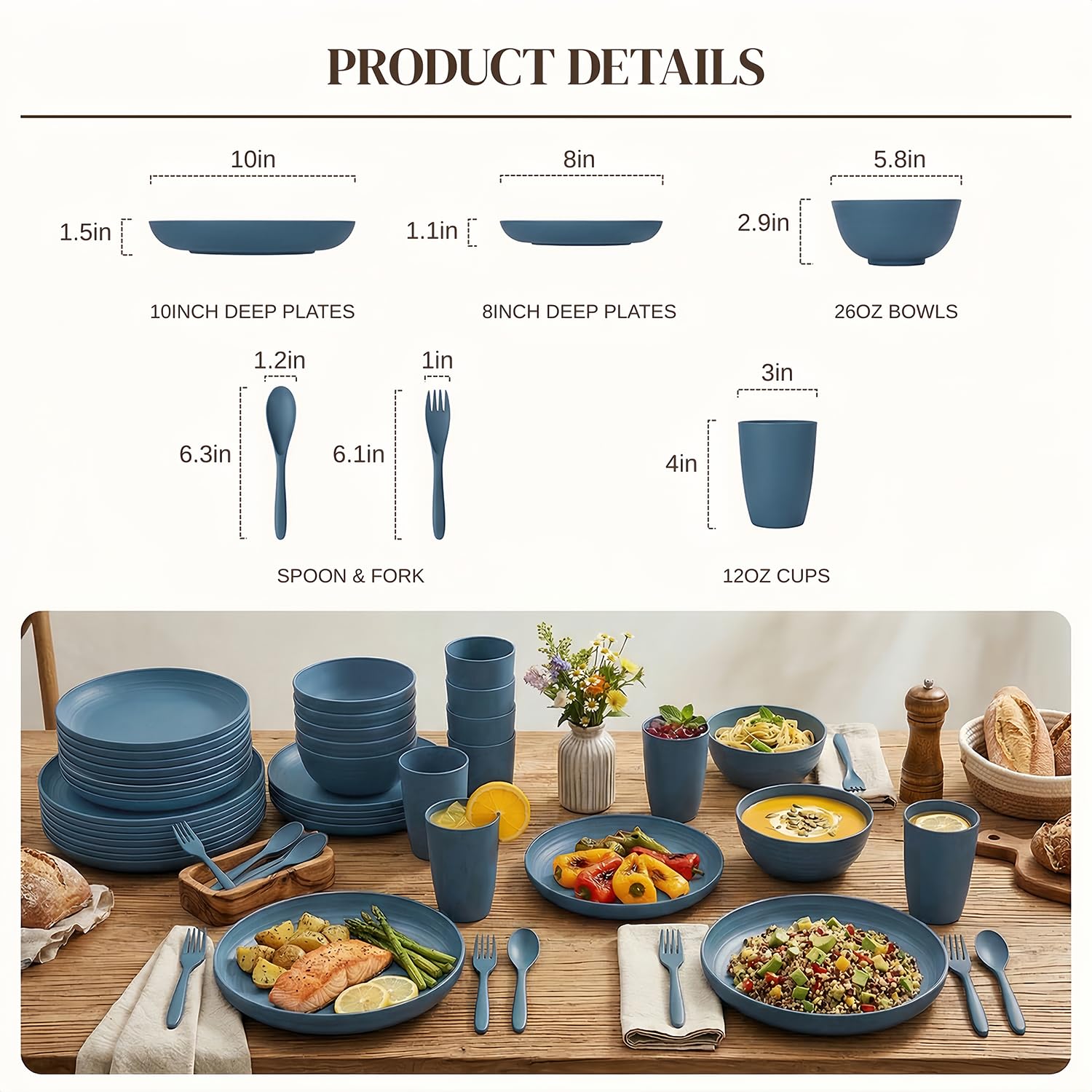 Wrova Servizio da tavola in plastica, 48 pezzi, servizio per 8 persone, infrangibili, set di posate, piatti, ciotole, tazze, forchette e cucchiai, adatto al microonde e alla lavastoviglie, per esterni