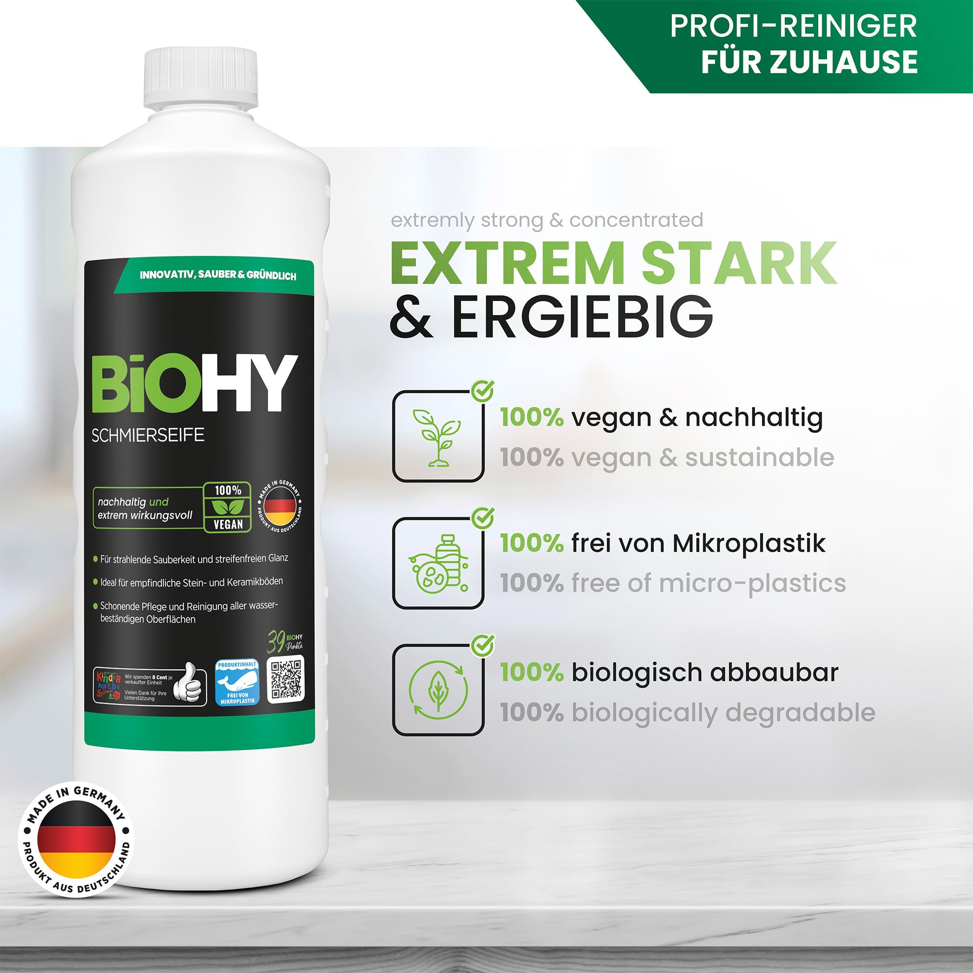 BiOHY Jabón lubricante (12 botellas de 1 litro) + Dosificador | concentrado para suelos | Aplicable a todas las superficies delicadas | Caucho, linóleo, parqué, PVC, piedra (Schmierseife)