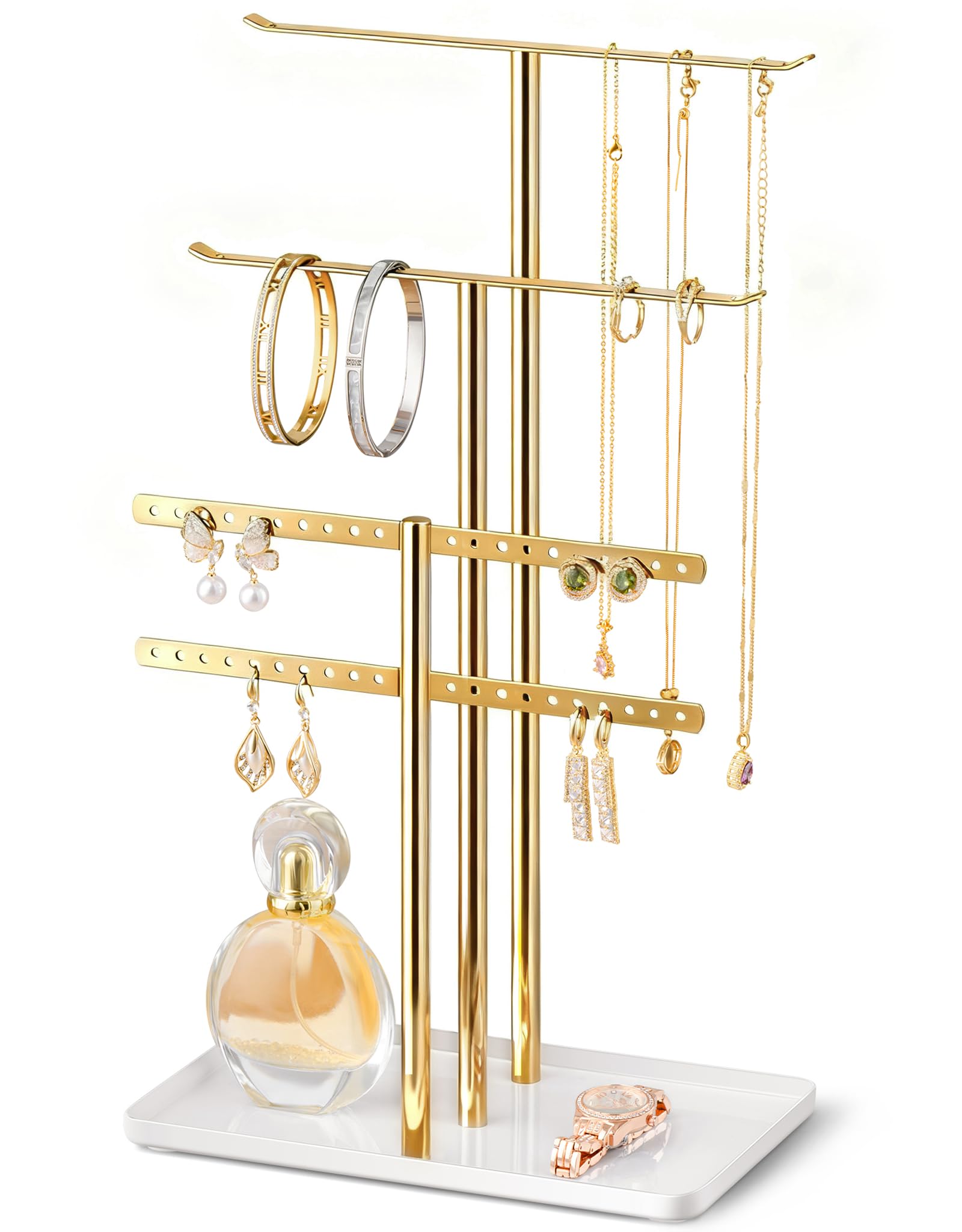 pickpiff Jewelry Stand Organizer Necklace Holder- 14.5" Sturdy Earring and Bracelet Display Hanger, Mirrored Gold, Aesthetic Room Decor