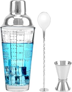 QWORK 14oz Glass Cocktail Shaker, Stainless Steel Top, Transparent Design, Mixer Drink Shaker and Measuring Jigger & Mixing Spoon Set, Clear Bar Shaker with Measurements