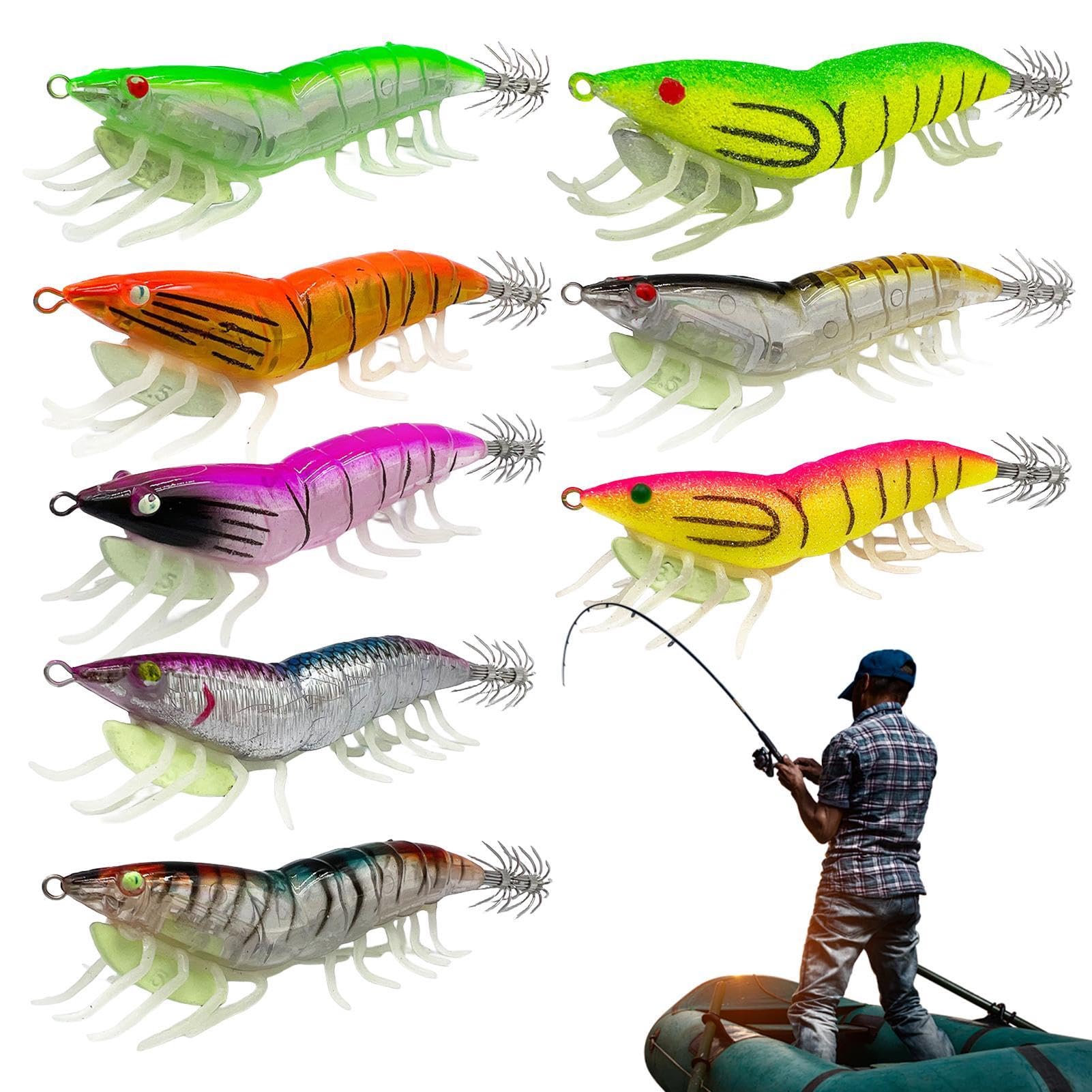 Amdohai Leurre Lumineux 6cm / 8cm Calmar Jig Pêche Crevettes en Bois Leurre Calmar Settlefish Jig Appât