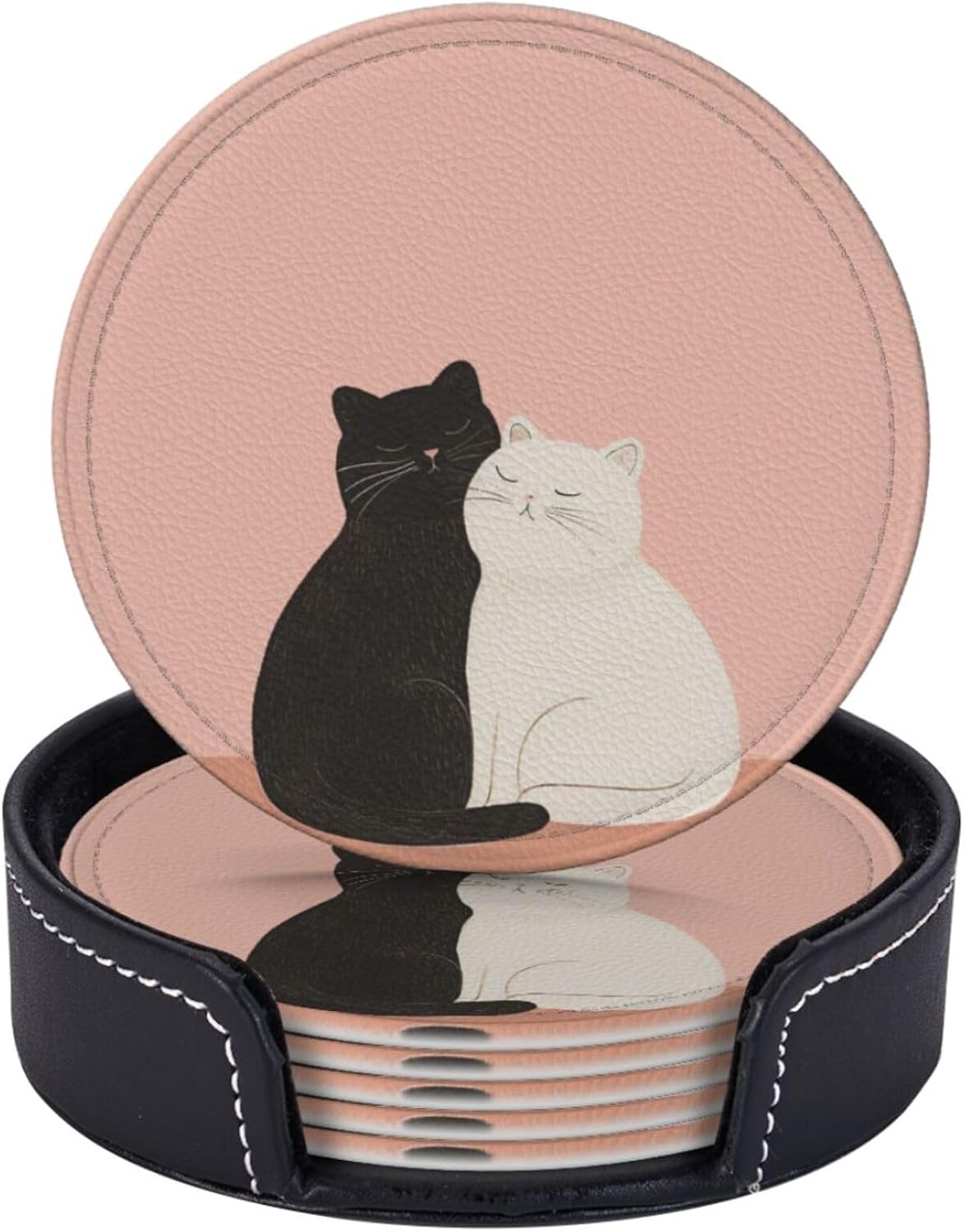6 Pcs Pig White Leather Coasters for Drinks with Holder Round Mug Mat Table Desk Coasters Set Cup Coasters for Living Room Kitchen Coffee Decor