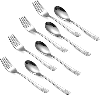 8 Pieces Kids Utensils Stainless Steel Kids Toddler Flatware Kids Spoon and Fork Set Includes 4 Spoon and 4 Fork with Smile Mirror Polished for Children Daily Use Preschooler (Silver)