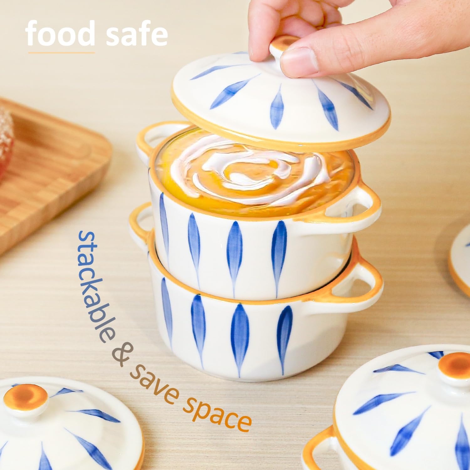Ramequines de porcelana de 4 piezas, mini cazuela de 8 onzas con tapa y asa para hornear crema brulee, salsa de inmersión, sopa de cebolla francesa, postre, cocotte apto para horno, 5 pulgadas