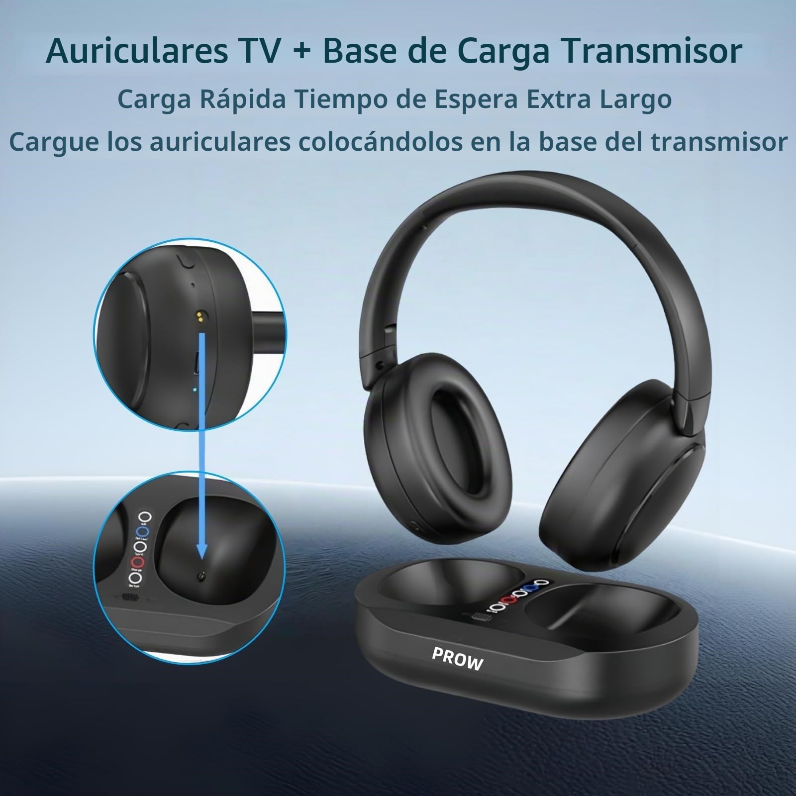 Auriculares Inalámbricos para TV, 2.4G y Bluetooth 5.3 Modo Dual Auriculares TV para Ancianos, Sin Retraso de Sincronización Labial, Aptos para Ancianos con Base Transmisión, Soporte Óptico/USB/RCA/BT