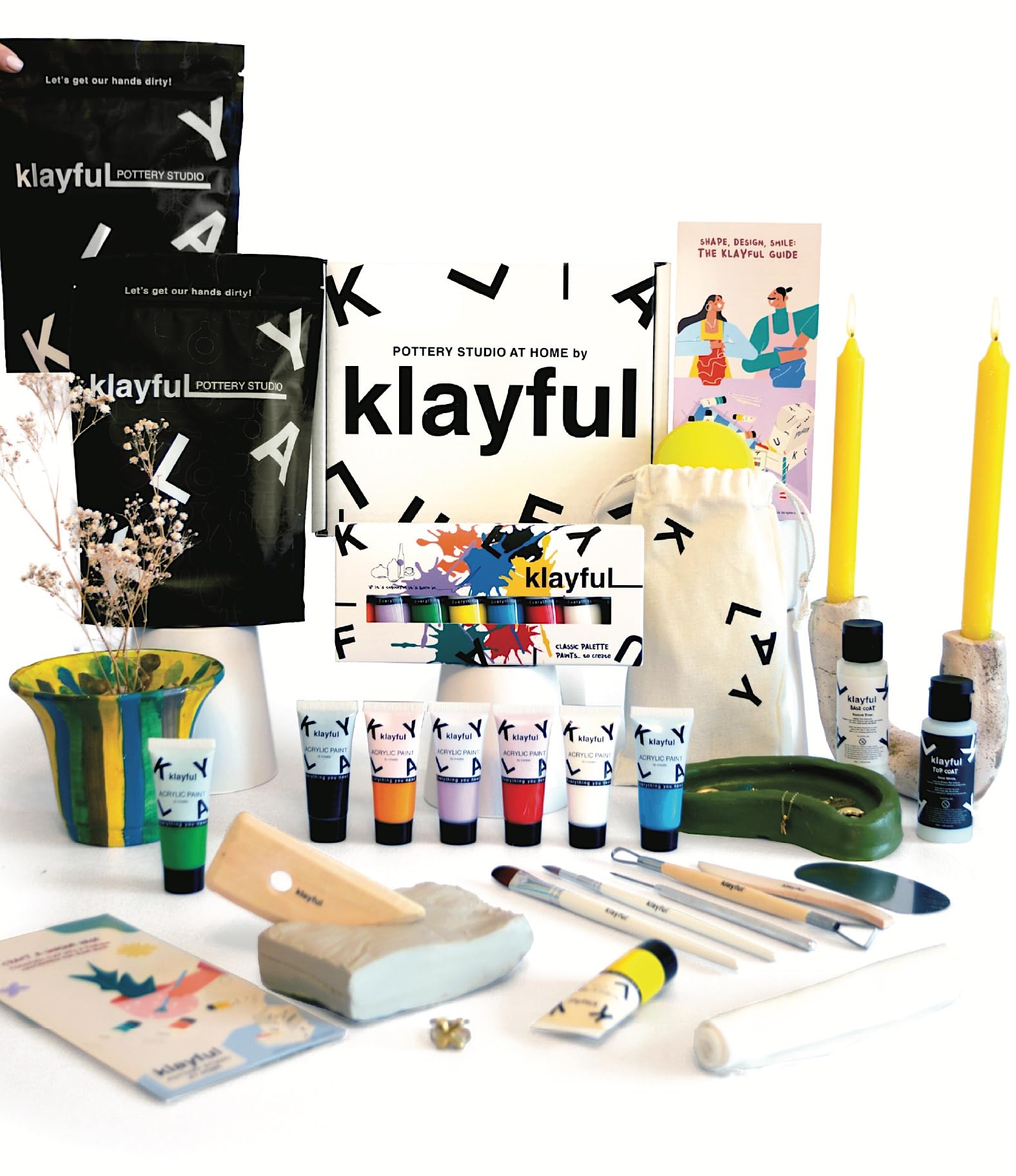 KLAYFUL – Kit Argile Autodurcissante Sans Cuisson | Peintures Classiques Haute Couvrance | Outils, Pinceaux, Vernis et Guide | Kit Poterie Adulte Débutant | Cadeau Créatif DIY