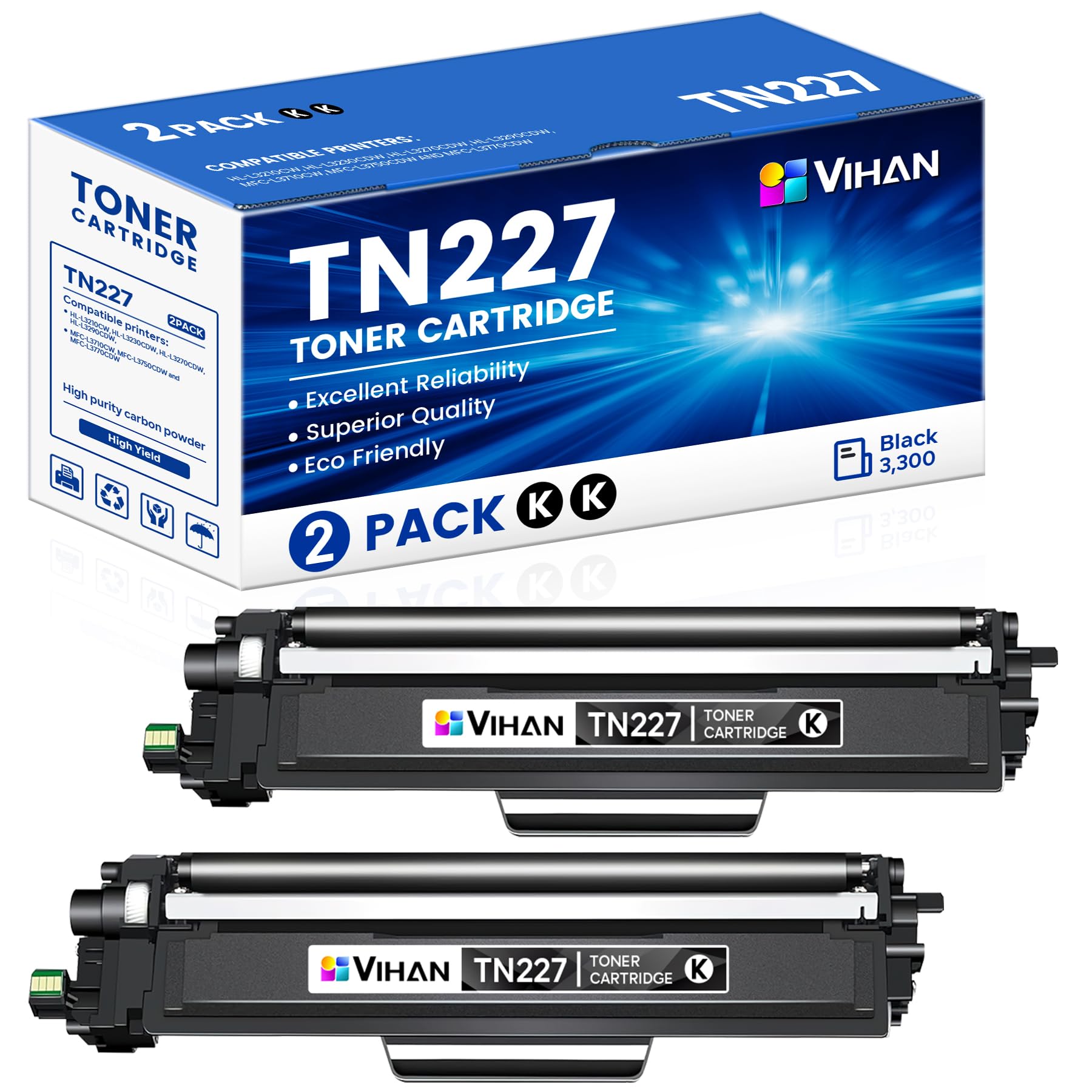 Vihan TN227BK TN227 Black High Yield Toner Cartridge Replacement for Brother TN-227BK TN-227 MFC-L3770CDW HL-3290CDW HL-L3230CDW MFC-L3750CDW Printer (2 Pack)