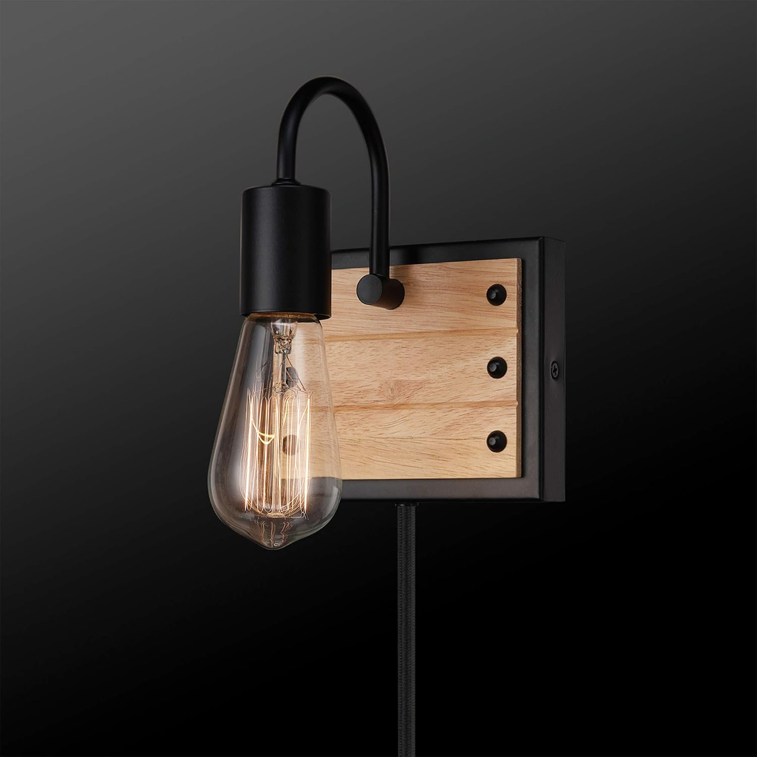 GLOBE Electric Oakland 1-Light Plug-in or Hardwire Wall Sconce, Matte Black, Faux Wood Accent, Black Fabric Cord, in-Line On/Off Switch