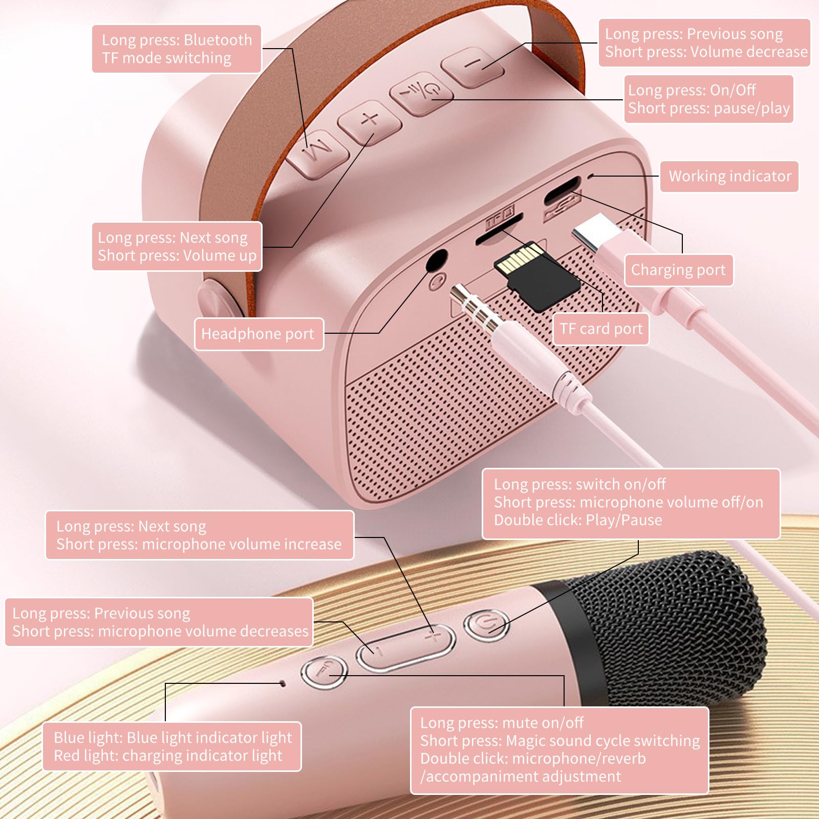 mikrofon do karaoke dla dzieci, urządzenie do karaoke z bezprzewodowymi mikrofonami, zabawka z efektami zmiany głosu i Bluetooth, dla chłopców i dziewczynek, różowy