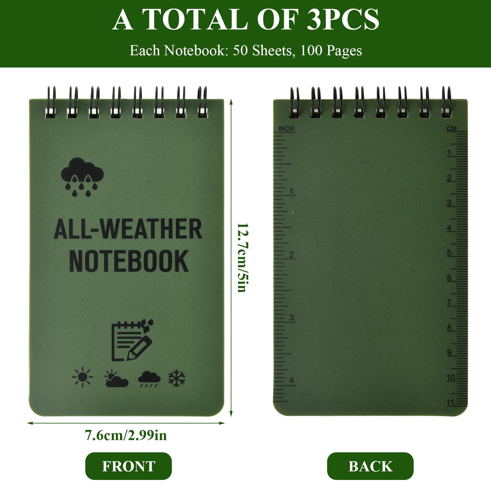 3 Pack Waterproof Notebook, All Weather Police Notepad, 3x5 Pocket Notebook Spiral, Small Note Books Pocket Size - Image 2