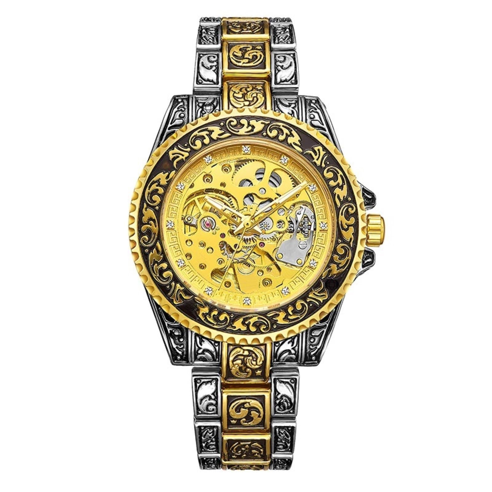 Zegarki Męski szkieletowy automatyczny zegarek ze stali nierdzewnej 43 mm, grawerowana tarcza retro smartwatch