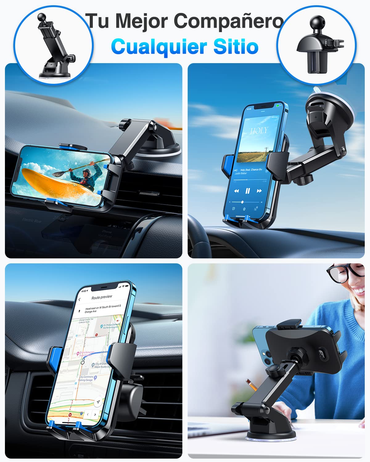 VANMASS 【Patentes y Certificados de Seguridad Soporte Movil Coche 2025【29+KG Succión Protección Militar】 Teléfono Salpicadero Parabrisas Ventilación para iPhone 16 15 Pro MAX Samsung, Azul