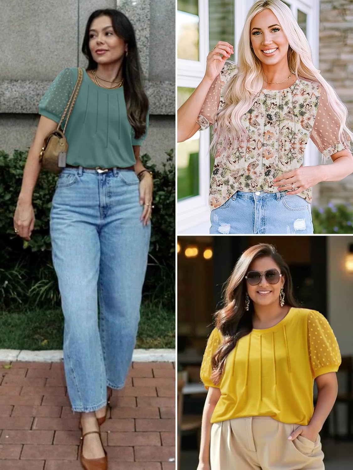 ATHMILE Womens Summer Tops Pleated Crew Neck T Shirts Swiss Dot Puff Sleeve Loose Casual Blouses Trendy Date Outfits - Image 5