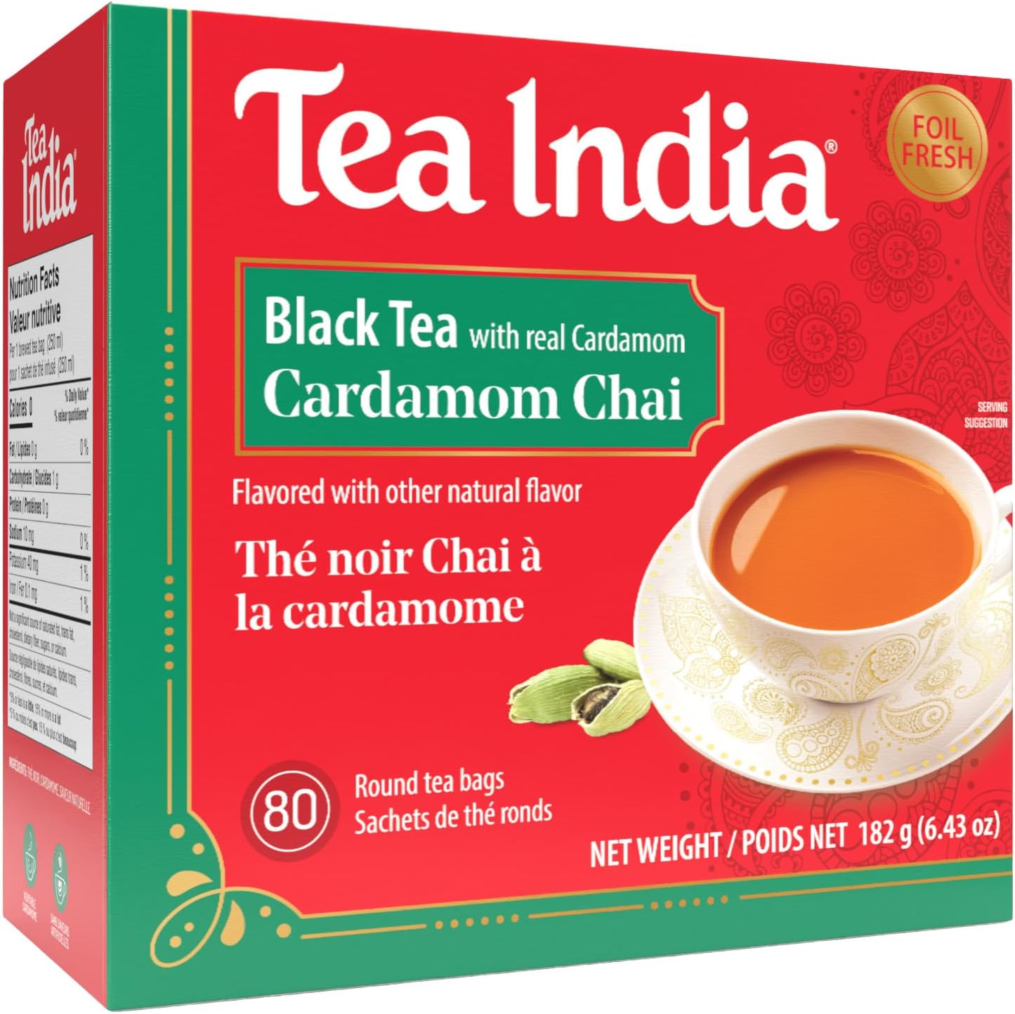 Tea India Premium Red Box Cardamom Chai Tea Flavorful Blend Of Premium Black Tea, Cardamom & Natural Ingredients Traditional Indian Caffeinated Tea 80 Round Teabags