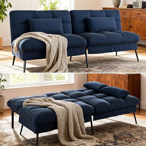COMHOMA Convertible Sofa Bed,68″Fabric Couch with Adjustable Backrest,Loveseat Recliner Sleeper Living Room Furniture futon Set (Blue)