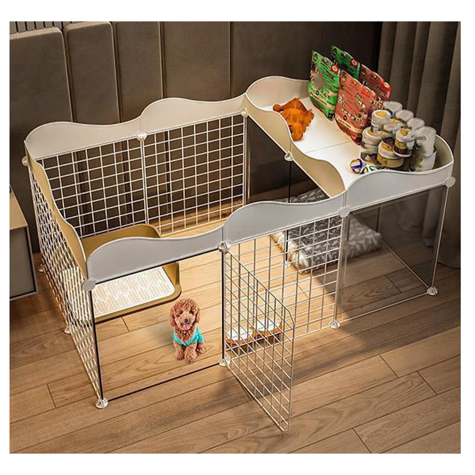 Zuiquity DIY Portable Fence with Storage Shelf, Indoor Dog Fence for Small Dogs, Expandable Pet Fence with Door, Multi-Functional Dog Cage with Divided Areas
