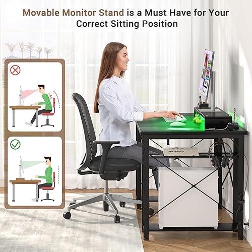 Miniatura 6 de armocity Escritorio para computadora con luces LED, escritorio de 55 pulgadas con toma de corriente y USB, escritorio grande reversible con soporte