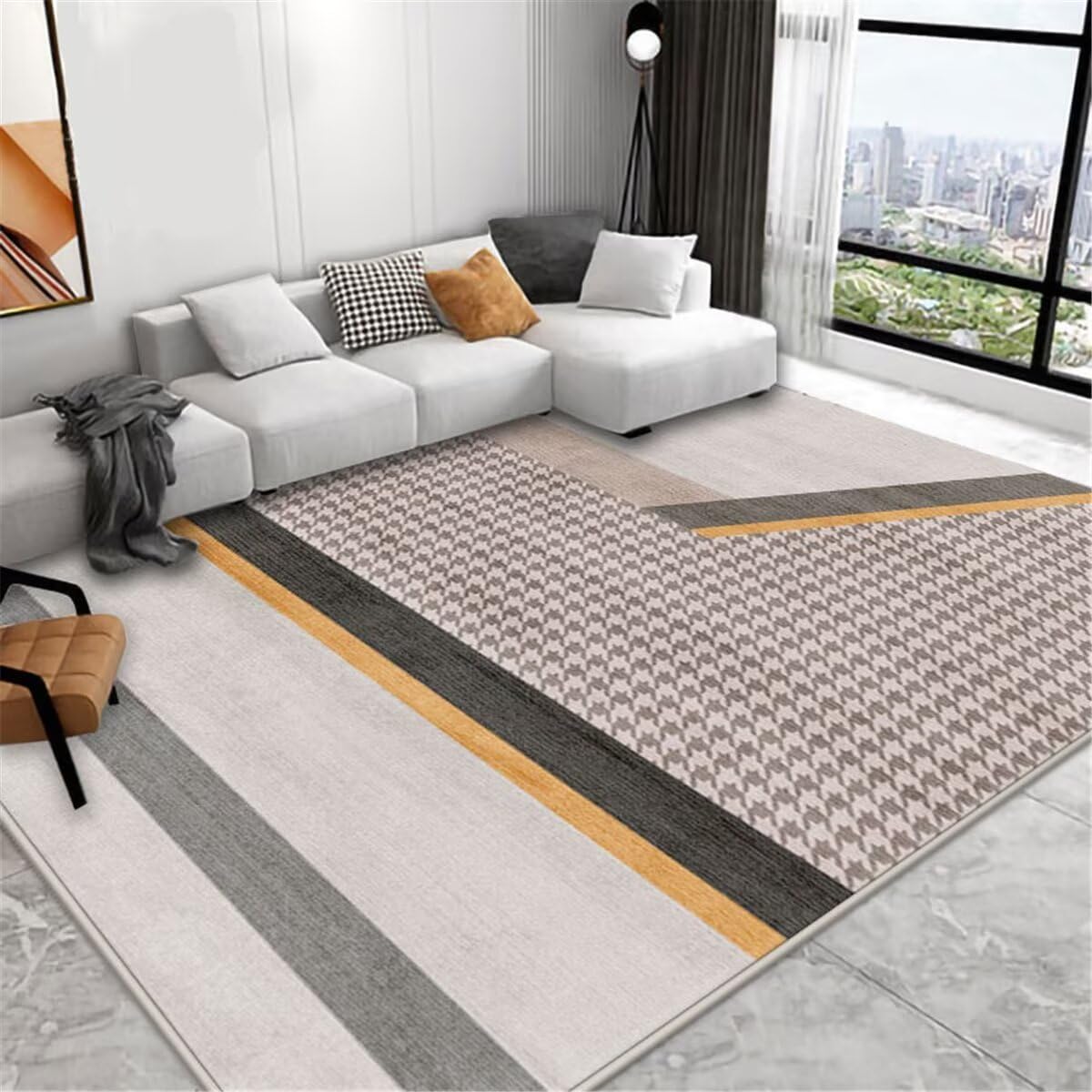 Tapis facile d'entretien gris géométrique pour salon avec enfants et animaux