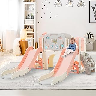 Zona de juegos 8 en 1 para tobogán interior infantil, tobogán infantil con túnel arqueado cesta de baloncesto y telescopio toboganes dobles para niños pequeños estructura de escalada (Rose-B)