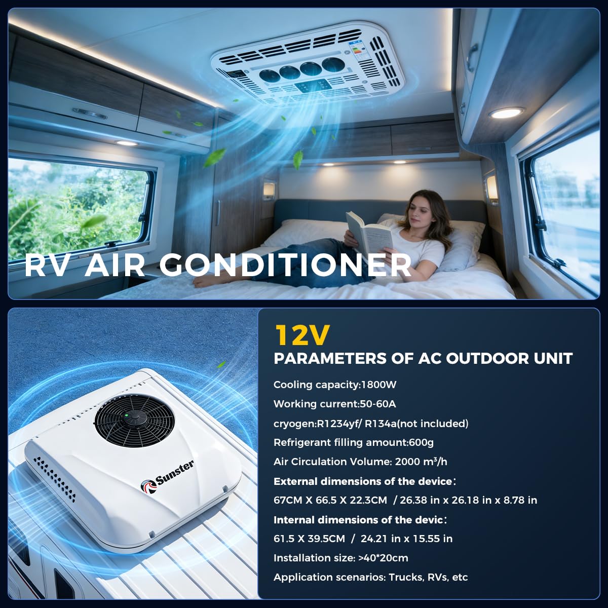 Sunster 12V 6000BTU Klimaanlage Wohnwagen, Dachklimaanlage für Wohnmobil, Effiziente Kühlung, Mehrere Modi, Niederdruckschutz, für PKW RV LKW Camper Bagger