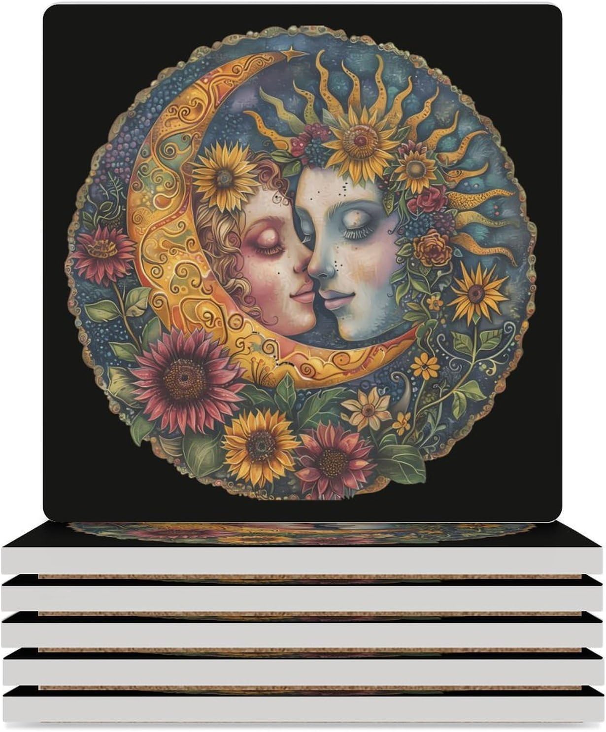 Sun Moon Coaster for Drinks Square Ceramic Table Coasters Stone Mat Crafts 6PCS Home Kitchen Decor