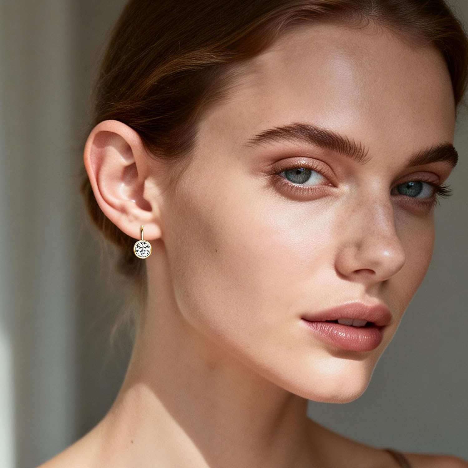 Moissanite Leverback Hoop Earrings for Women, 14K Gold Plated Bezel Set Imitation Diamond Drop Earrings