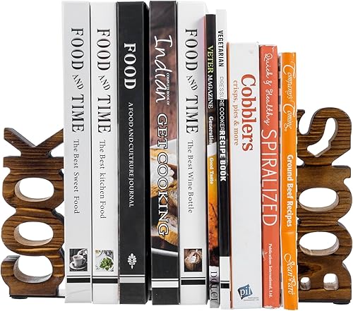 MyGift Sujetalibros decorativos de madera quemada rústica para cocina y libros, para encimera de cocina, juego de 2 piezas