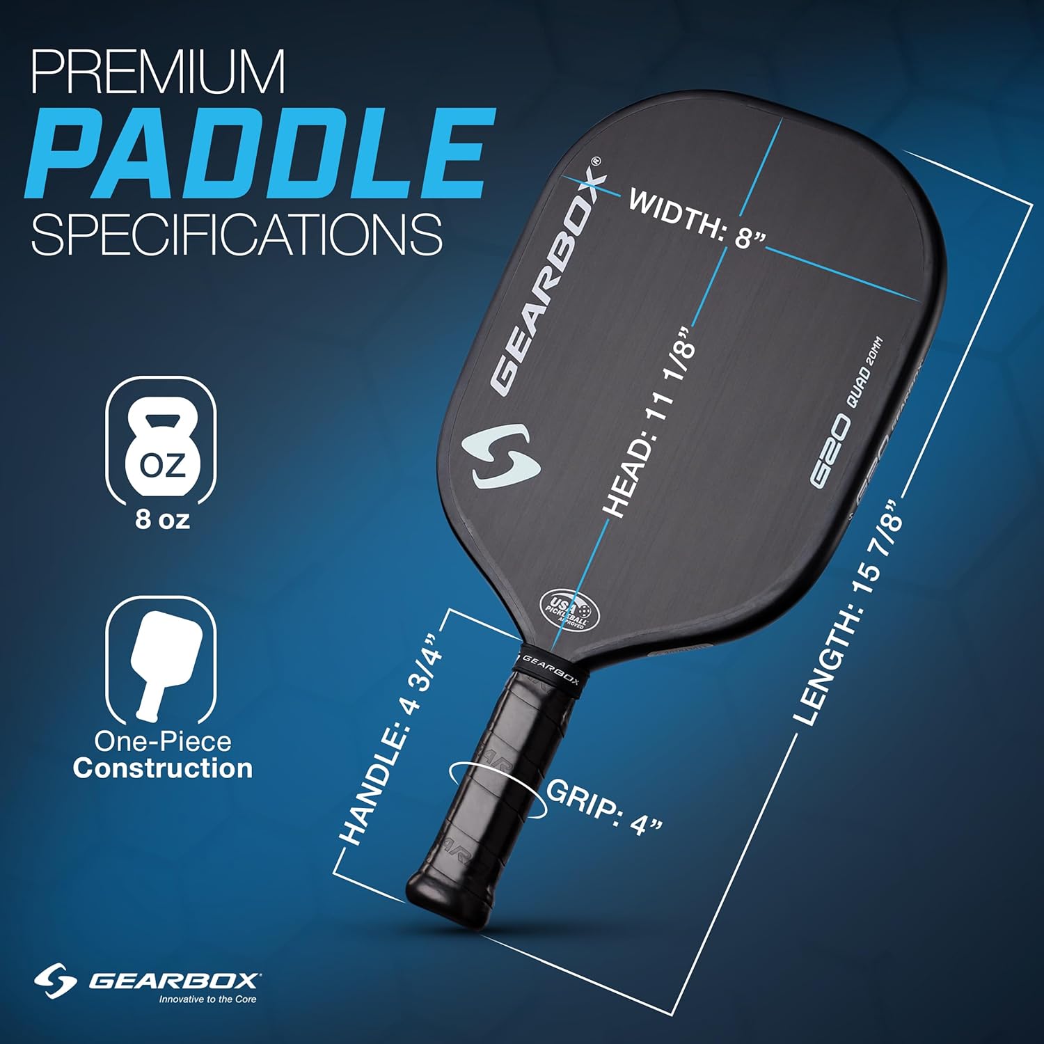 Gearbox G20 Pickleball Paddle – 20mm Honeycomb Core, Raw Carbon Fiber Surface, One-Piece Molded Construction – Control, Spin & Power – Lightweight 8.0 oz Paddle for All Skill Levels