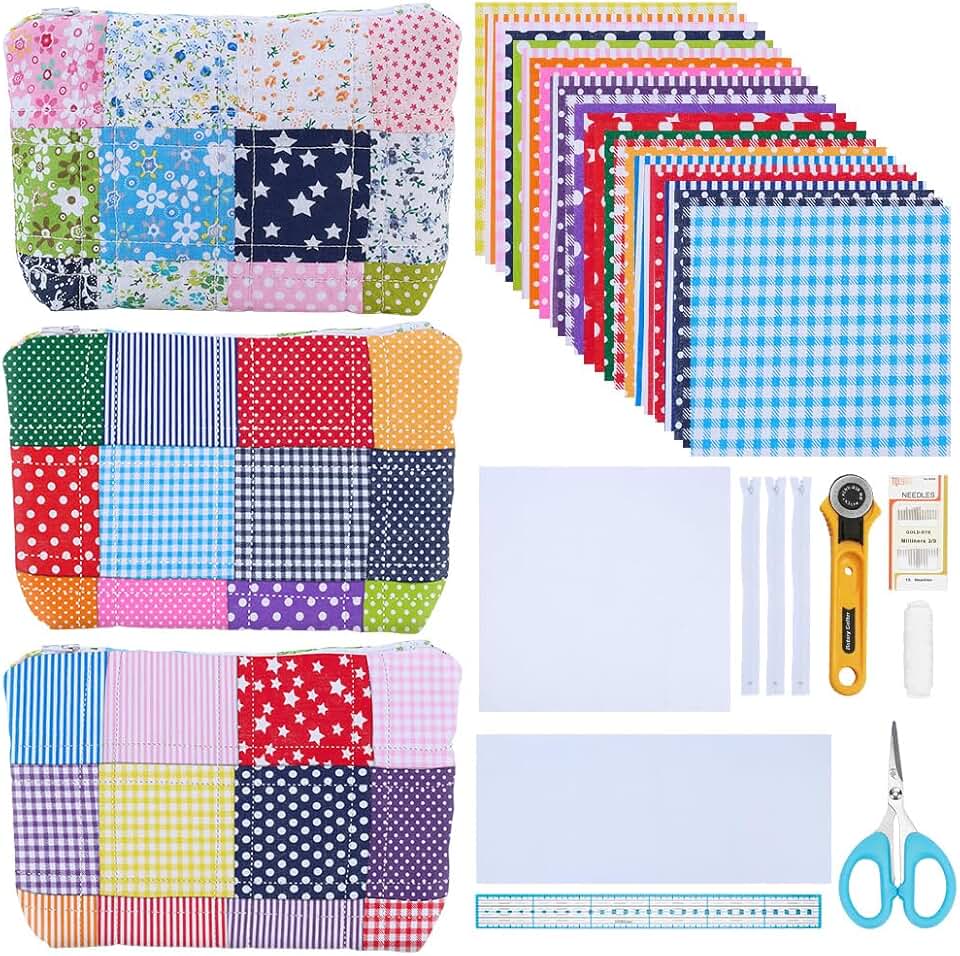 WEBEEDY Kit de sacola de colcha DIY para adultos iniciantes feito à mão pequena bolsa com zíper acolchoada com tutorial em vídeo, 50 estilos de tecidos, ferramentas de quilting para costura DIY