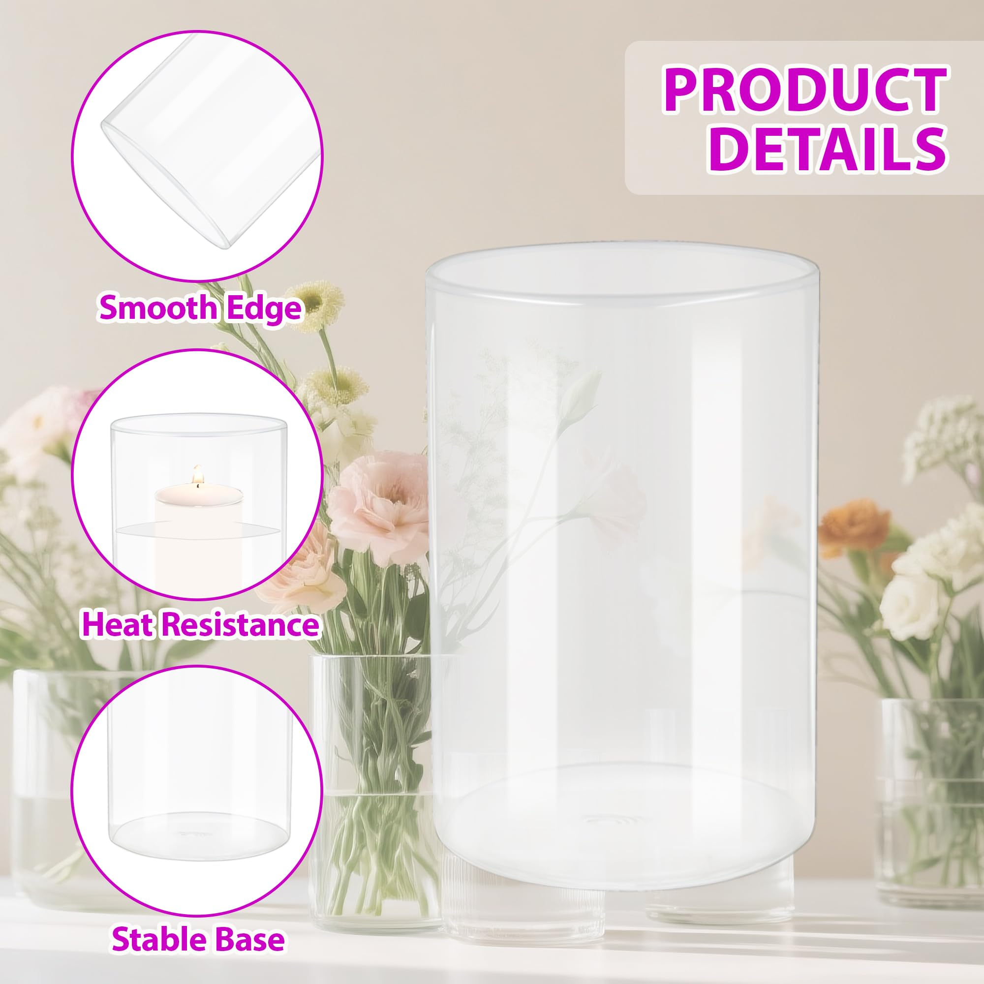 3 stuks hoge glazen vazen, hoogte: 15 cm, 10 cm doorzichtige glazen vaas, cilinder met bodem, brede opening, glazen vazen, bloemenvaas van borosilicaatglas, ideaal om te versieren, voor