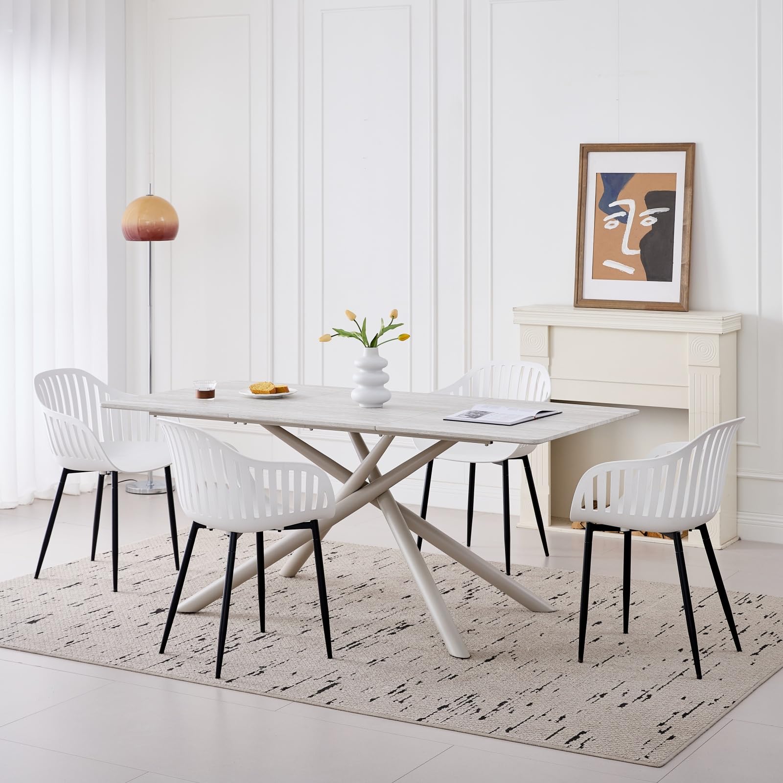 GrandCA HOME Juego de 4 Sillas de Comedor Modernas, Sillas de Cocina con Respaldos Huecos Verticales, Reposabrazos y Patas de Metal Negro, Adecuadas para Salas de Estar, Balcones, Oficinas - Blanco