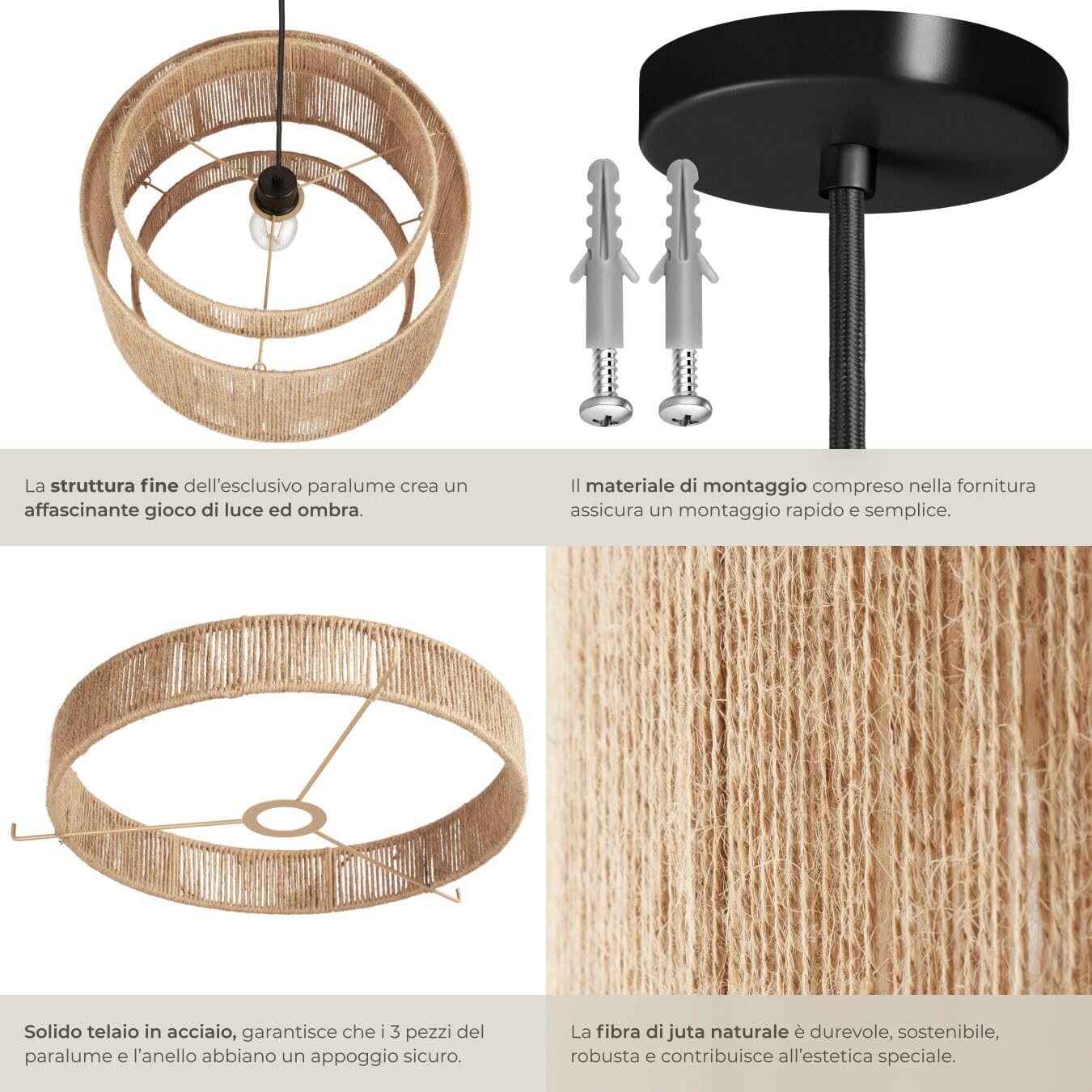 tectake® lampada a sospensione boho chic, lampadario cucina in juta a 3 livelli, paralume intrecciato E27, plafoniera soffitto, lampadario soggiorno, salotto, arredamento casa, 40W - Ø 46 x 32 cm